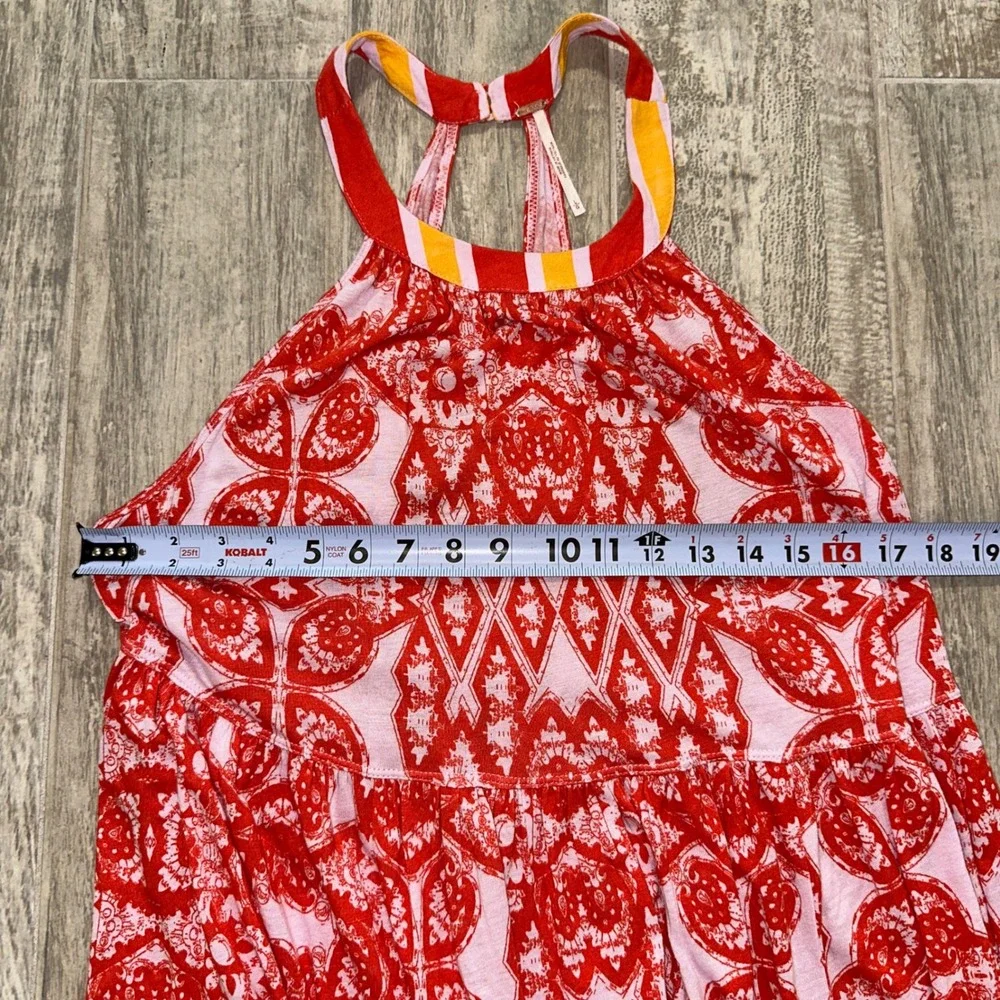 Free People Red Pink Medallion Print Halter Mini Dress Racerback Striped Trim L